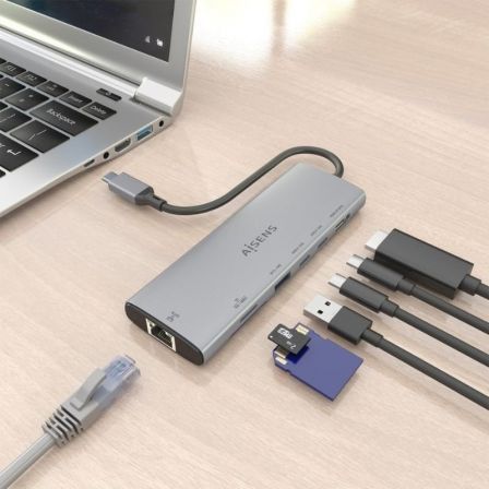AISENS USB-C Dock 7 en 1 con HDMI 4K, RJ45, USB-A 10G, 2xUSB-C 10G y lectores de tarjetas, Gris AISENS USB-C Dock 7 en 1 con HDMI 4K, RJ45, USB-A 10G, 2xUSB-C 10G y lectores de tarjetas, Gris